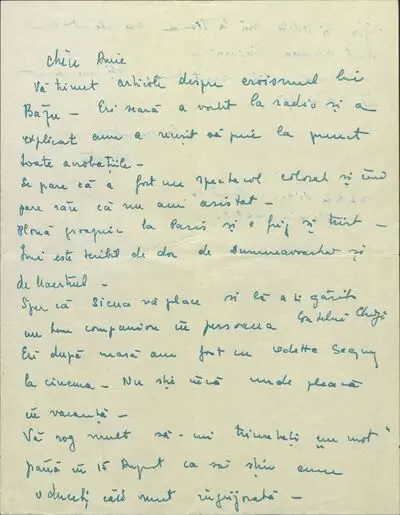 Scrisoare trimisă Mariei Cantacuzino-Enescu de către Ninette Shapira (?) — تصویر رکورد یوروپیانا