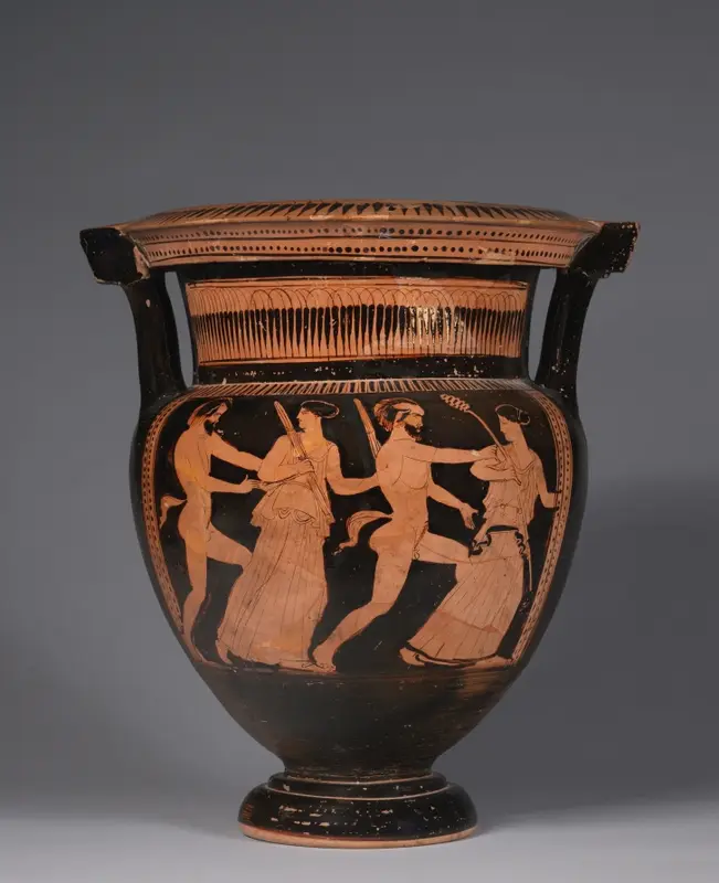 Red-Figure Column Krater (Mixing Vessel): Satyrs Pursuing Maenads — تصویر رکورد موزهٔ هنر کلیولند (دسترسی آزاد)
