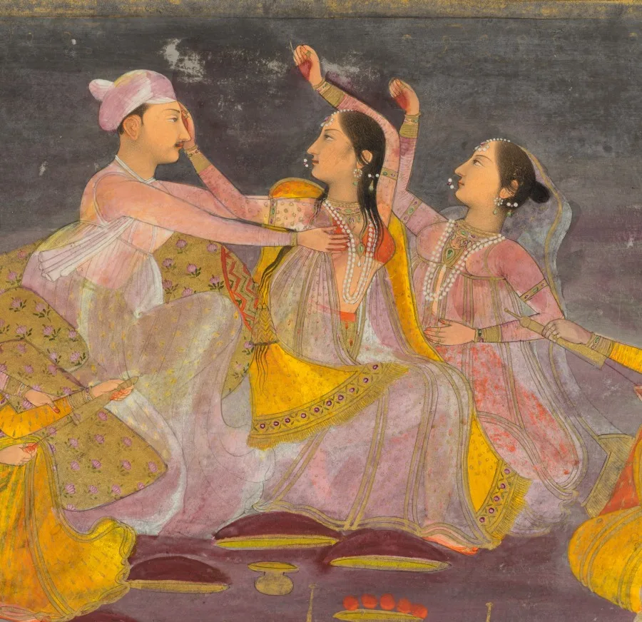 جشن هولی شاهزاده با زنان حرم در ایوان در هنگام شب (رو) — نمای تکمیلی ثبت‌شده در رکورد موزه