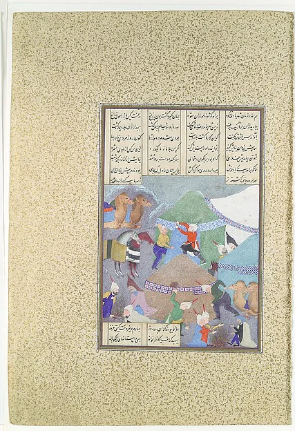 "Isfandiyar's Sixth Course: He Comes Through the Snow", Folio 438r from the Shahnama (Book of Kings) of Shah Tahmasp — تصویر رکورد موزهٔ متروپولیتن (دسترسی آزاد)
