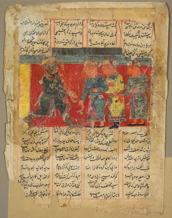 An East African King Receives Three Emissaries, from a Khamsa of Amir Khusrau Dihlavi — تصویر رکورد موزهٔ هنر کلیولند (دسترسی آزاد)