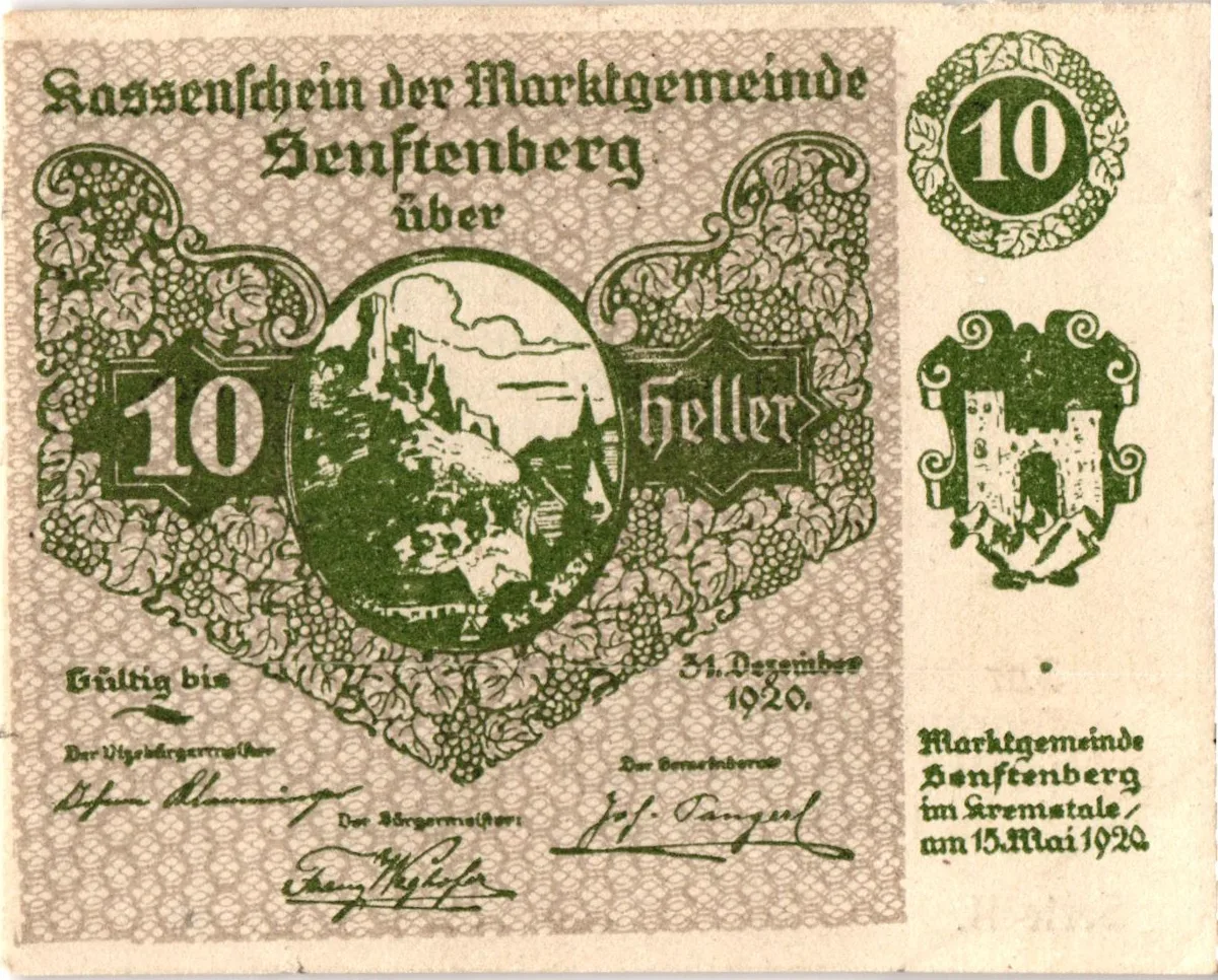 10 Heller, Notgeldschein der Marktgemeinde Senftenberg, Niederösterreich — تصویر رکورد یوروپیانا