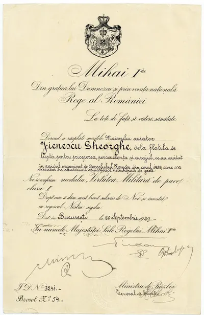 Brevet nr. 54 de decorare cu ordinul „ Virtutea Militară de Pace”, clasa I, a lui Gh. Jienescu, din 20 septembrie 1929, București. În numele regelui Mihai I al României au semnat membrii Regenței: pat — تصویر رکورد یوروپیانا