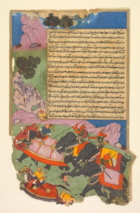 Ghatotkacha and three demons in his company chase Bhagadatta, from Bhishma-parva (volume six) of a Razm-nama (Book of Wars) adapted from the Sanskrit Mahabharata and translated into Persian by Mir Ghiyath al-Din Ali Qazvini, known as Naqib Khan (Persian, d. 1614) — تصویر رکورد موزهٔ هنر کلیولند (دسترسی آزاد)