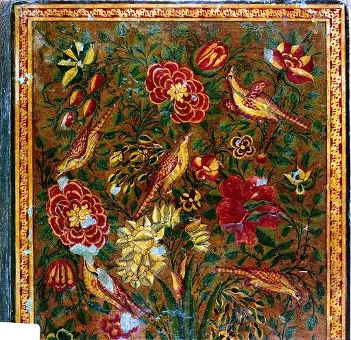 Qajar Persian lacquer binding , 12th/18th Centuries: lacquer, gold leaf, with various pigments. Detail: upper half of front cover — تصویر رکورد یوروپیانا