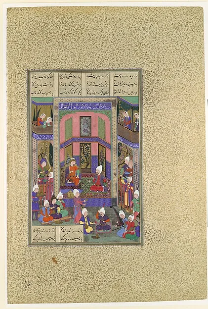"Manuchihr Welcomes Sam but Orders War upon Mihrab", Folio 80v from the Shahnama (Book of Kings) of Shah Tahmasp — تصویر رکورد موزهٔ متروپولیتن (دسترسی آزاد)