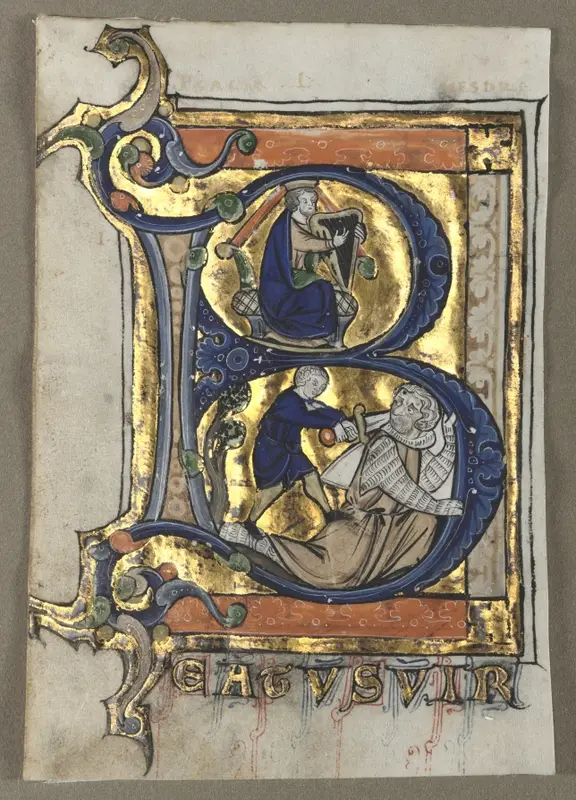 Leaf Excised from a Psalter: Initial B with King David — تصویر رکورد موزهٔ هنر کلیولند (دسترسی آزاد)