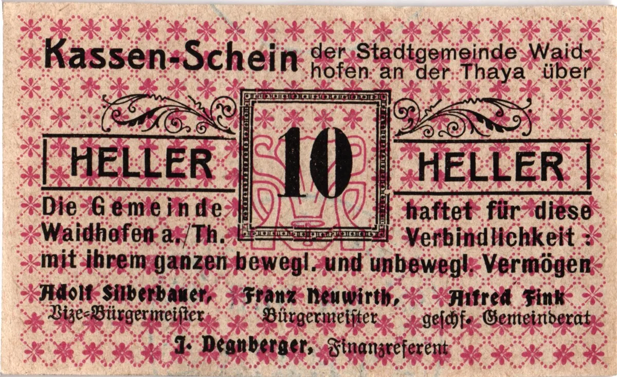 10 Heller, Notgeldschein der Stadtgemeinde Waidhofen an der Thaya, Niederösterreich — تصویر رکورد یوروپیانا