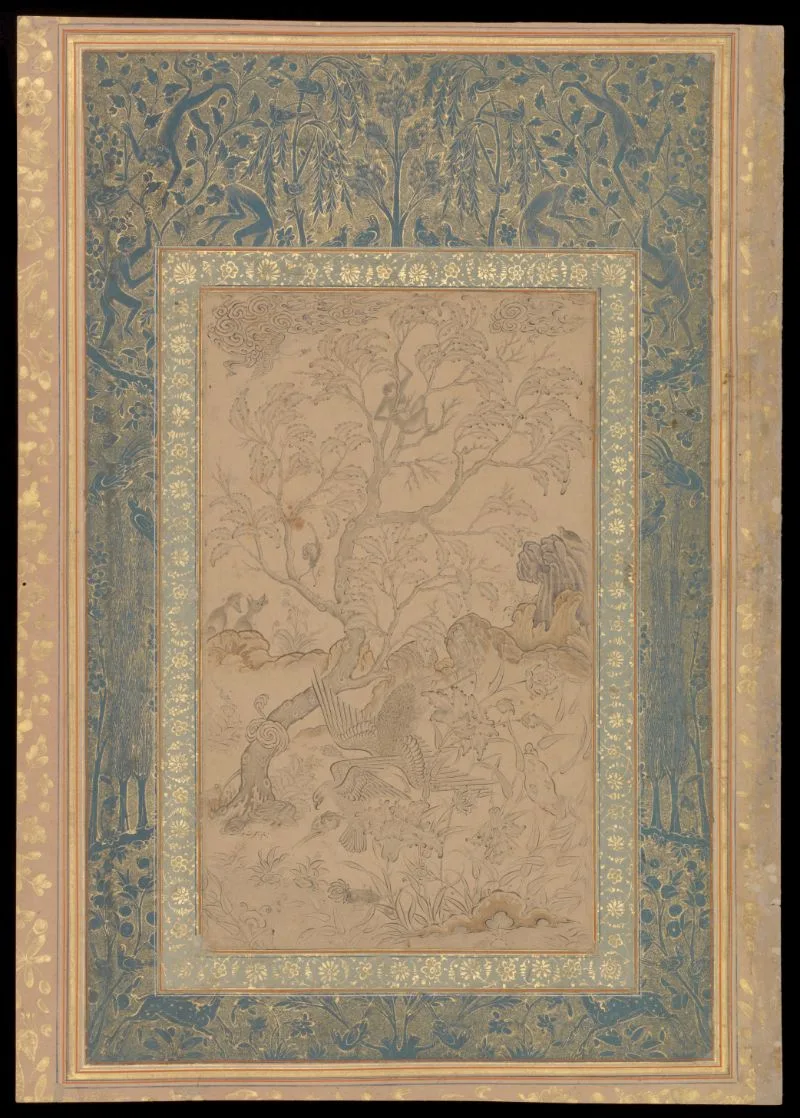Tinted drawing and calligraphy, folio from an album for Muhammad Quli Qutb Shah — تصویر رکورد یوروپیانا