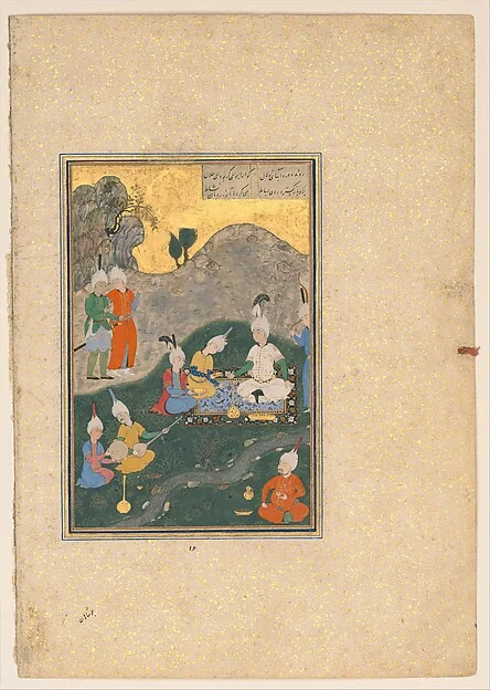"Alexander at a Banquet", Folio 321b from a Khamsa (Quintet) of Nizami of Ganja — تصویر رکورد موزهٔ متروپولیتن (دسترسی آزاد)