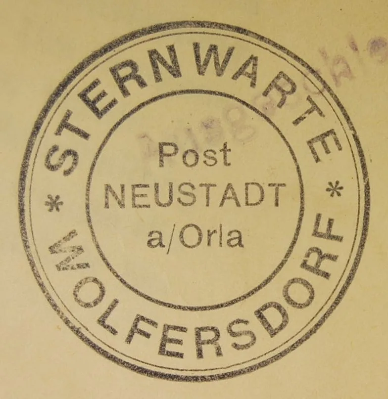 Stempel / Sternwarte <Wolfersdorf> [Sternwarte Wolfersdorf (Post Neustadt a/Orla)] — تصویر رکورد یوروپیانا