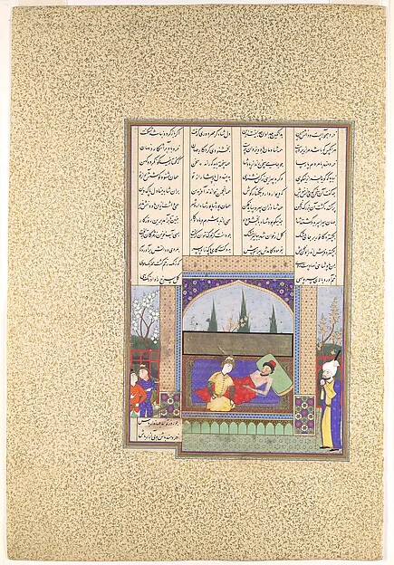 "Hurmuzd I's Last Testament to Prince Bahram I", Folio 535r from the Shahnama (Book of Kings) of Shah Tahmasp — تصویر رکورد موزهٔ متروپولیتن (دسترسی آزاد)