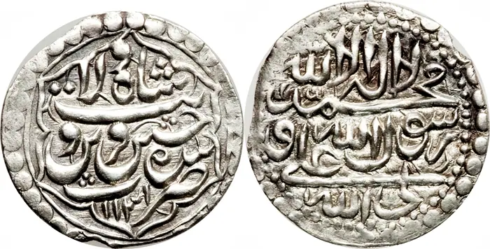 روی و پشت «۱ شاهی — شاه سلطان حسین صفوی، ۱۷۱۹ م» — عکس رکورد کاتالوگ نومیستا