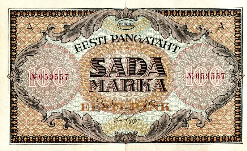 Paper money, Estonian banknote, 100 marks, 1922. — تصویر رکورد یوروپیانا