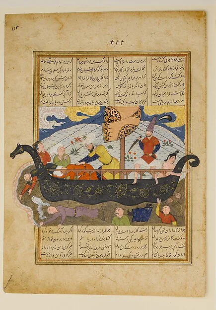 "Amr has the Infidels Thrown into the Sea", Folio from a Khavarannama (The Book of the East) of ibn Husam al-Din — تصویر رکورد موزهٔ متروپولیتن (دسترسی آزاد)