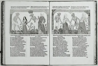 Danse macabre. Troyes: Nicolas Le Rouge, after 1500. Double page f II with depictions of death dance — تصویر رکورد یوروپیانا