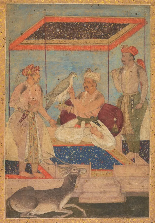 Akbar and Jahangir Examine a Ghir Falcon while Prince Khusrau Stands Behind — تصویر رکورد موزهٔ هنر کلیولند (دسترسی آزاد)