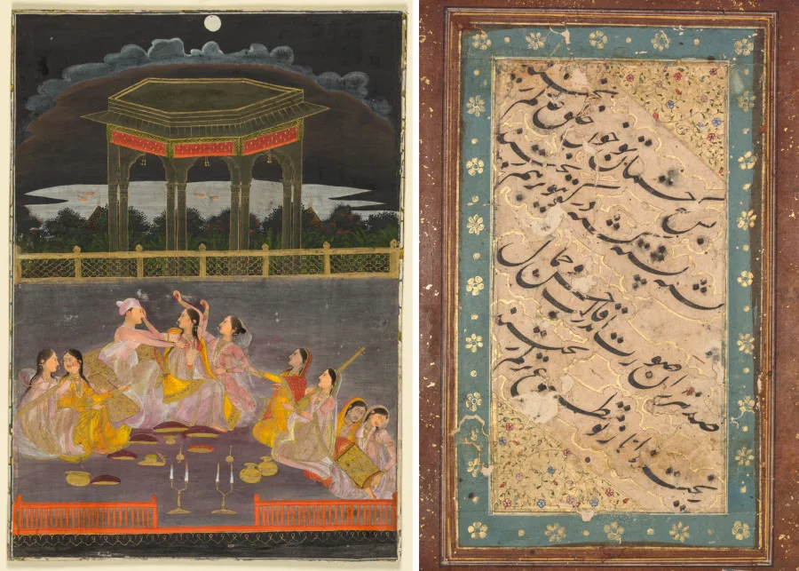 A prince celebrating Holi with palace women on a terrace at night (recto); calligraphy of a quatrain (verso) — تصویر رکورد موزهٔ هنر کلیولند (دسترسی آزاد)