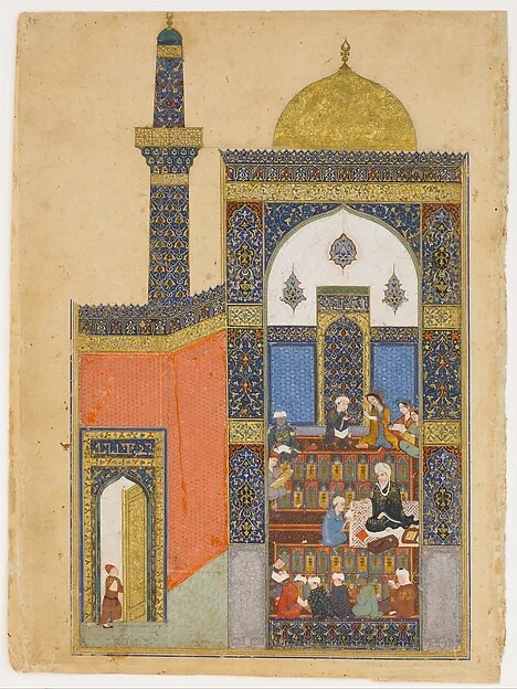 "Laila and Majnun at School", Folio from a Khamsa (Quintet) of Nizami of Ganja — تصویر رکورد موزهٔ متروپولیتن (دسترسی آزاد)