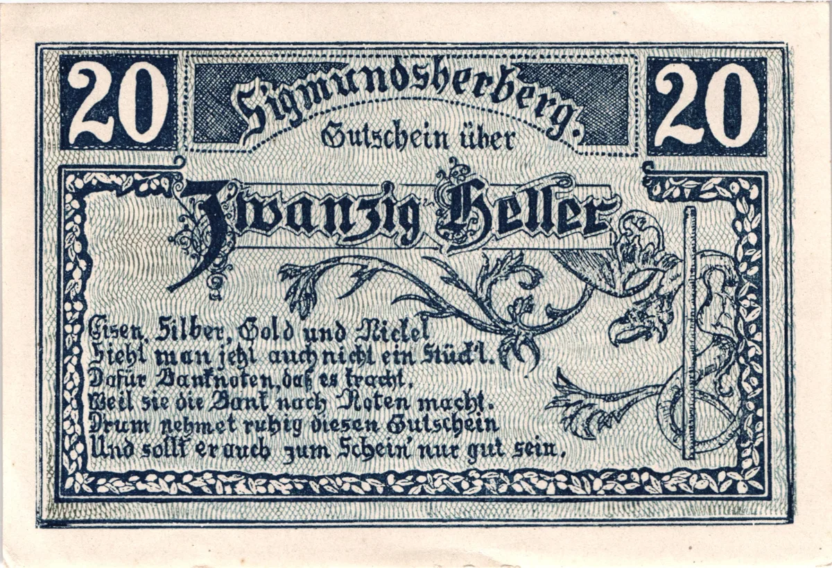 20 Heller, Notgeldschein der Gemeinde Sigmundsherberg, Niederösterreich — تصویر رکورد یوروپیانا