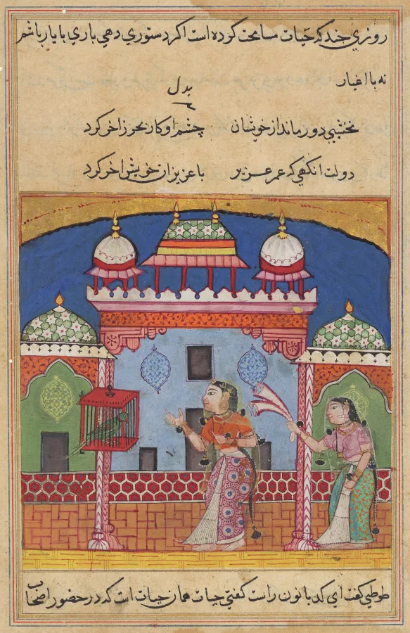The Parrot Addresses Khujasta at the Beginning of the Twenty-second Night, from a Tuti-nama (Tales of a Parrot) — تصویر رکورد موزهٔ هنر کلیولند (دسترسی آزاد)