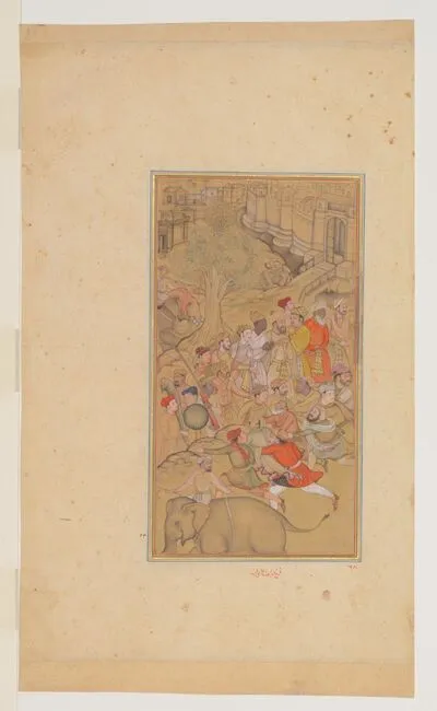 Crowds watching Akbar on the enraged elephant Lakhna, from the History of Akbar (Akbarnama), by Abu’l-Fazl — تصویر رکورد یوروپیانا