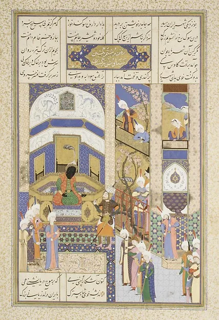 «سرزنش کیکاووس توسط رستم بر سر مرگ سیاوش»، برگ ۲۰۲ پشت از شاهنامه شاه‌طهماسب — نمای تکمیلی ثبت‌شده در رکورد موزه