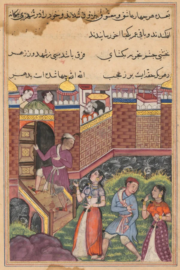 The two couples reach a foreign city where they make their home, from a Tuti-nama (Tales of a Parrot): Thirty-third Night — تصویر رکورد موزهٔ هنر کلیولند (دسترسی آزاد)