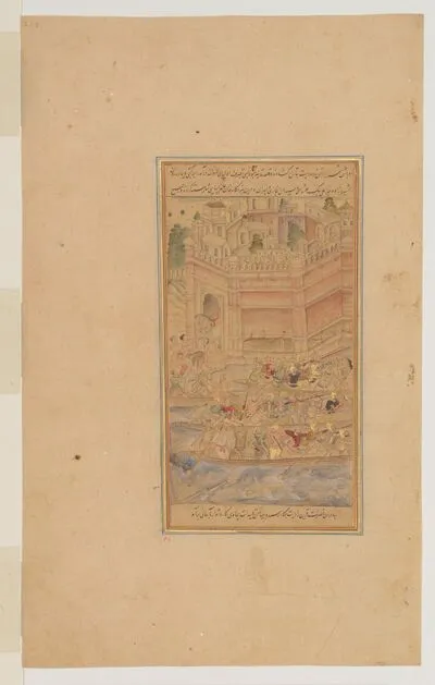 Akbar's forces shooting up at Hajipur fortress from boats on the Ganges, from the History of Akbar (Akbarnama), by Abu’l-Fazl — تصویر رکورد یوروپیانا