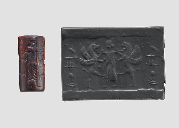 Cylinder seal and modern impression: king holding two lion griffins at bay — تصویر رکورد موزهٔ متروپولیتن (دسترسی آزاد)