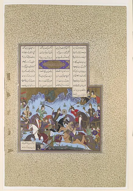 "Sufarai's Victory over the Haital", Folio 595v from the Shahnama (Book of Kings) of Shah Tahmasp — تصویر رکورد موزهٔ متروپولیتن (دسترسی آزاد)