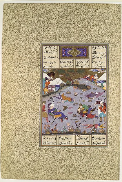 "Giv Avenges Bahram by Slaying Tazhav", Folio 248r from the Shahnama (Book of Kings) of Shah Tahmasp — تصویر رکورد موزهٔ متروپولیتن (دسترسی آزاد)