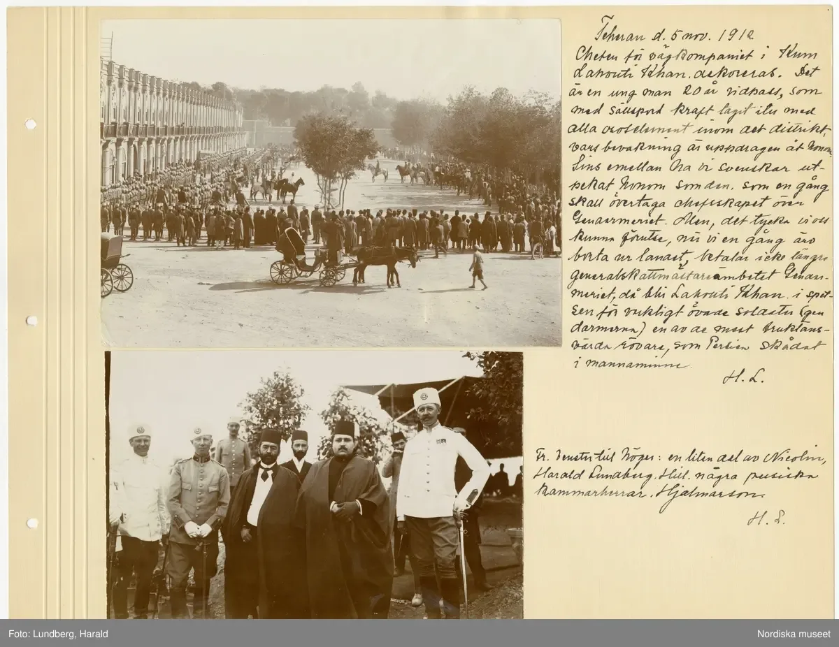 Persien. Övre bilden: "Teheran d. 5 nov. 1912. Chefen för vägkompaniet i Kum, Lahouth Khan, dekoreras. Det är en ung man 20 år vidpass, som med sällspord kraft tagit itu med alla oroselement inom det  — تصویر رکورد یوروپیانا