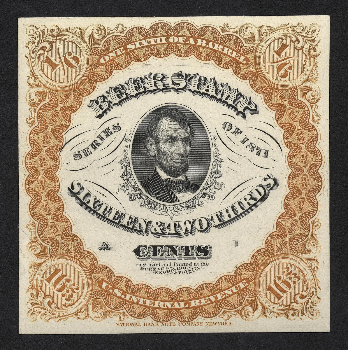 16 2/3c Beer revenue stamp proof single — تصویر رکورد موزهٔ ملی هنر آسیایی اسمیتسونیان (دسترسی آزاد)