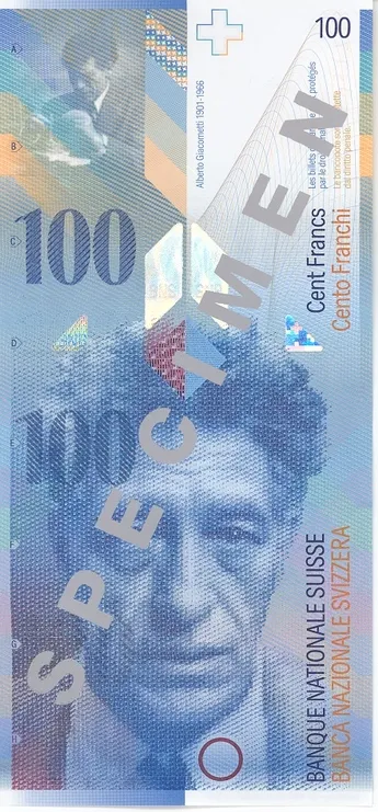 روی اسکناس 100 francs فرانک سوئیس