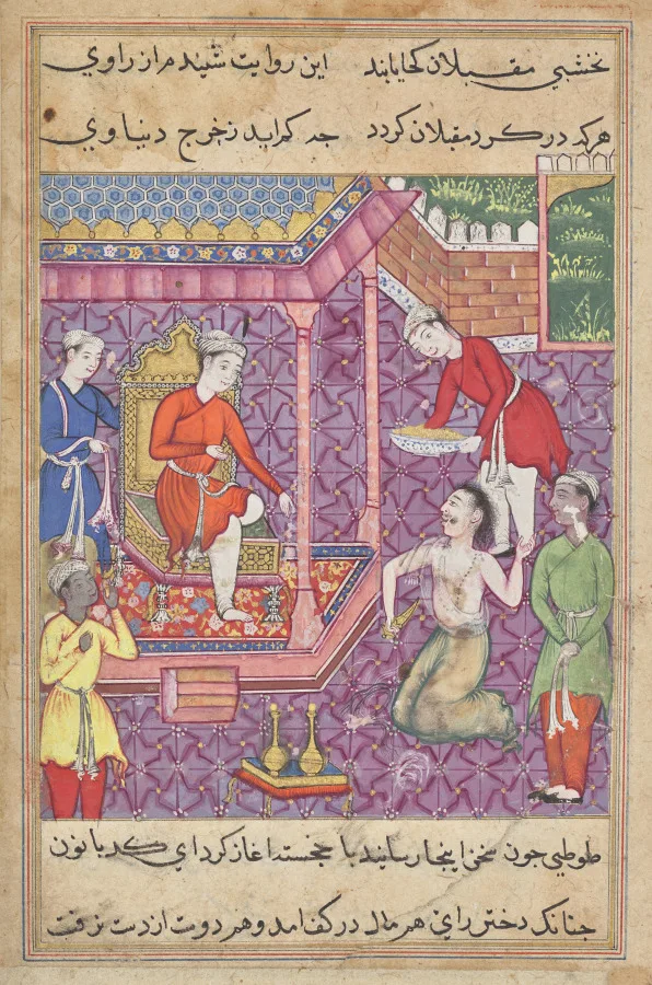 The magician disguised as a Brahman returns to claim his “daughter-in-law,” from a Tuti-nama (Tales of a Parrot): Thirty-fifth Night — تصویر رکورد موزهٔ هنر کلیولند (دسترسی آزاد)