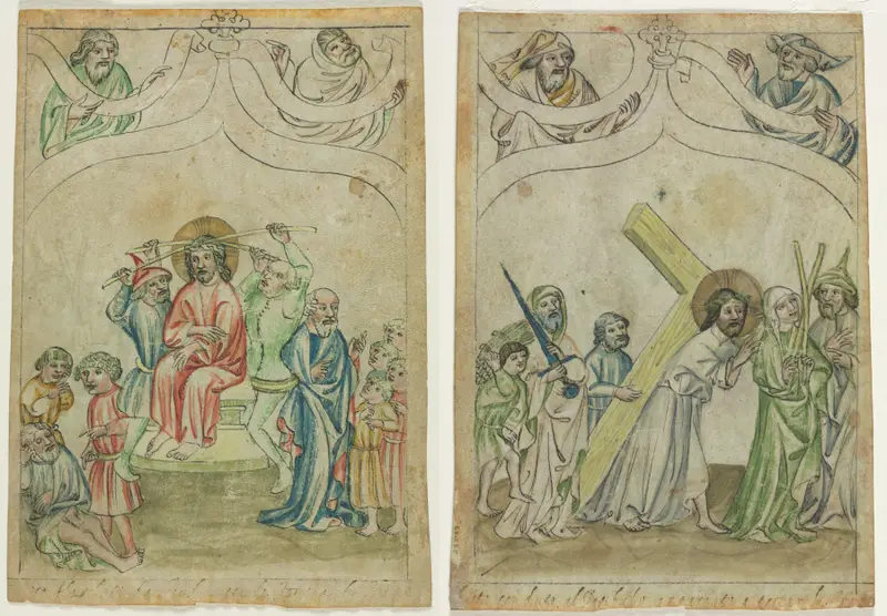 Single Leaf from a "Biblia Pauperum": Christ Crowned with Thorns (recto) Christ Carrying the Cross (verso) — تصویر رکورد موزهٔ هنر کلیولند (دسترسی آزاد)