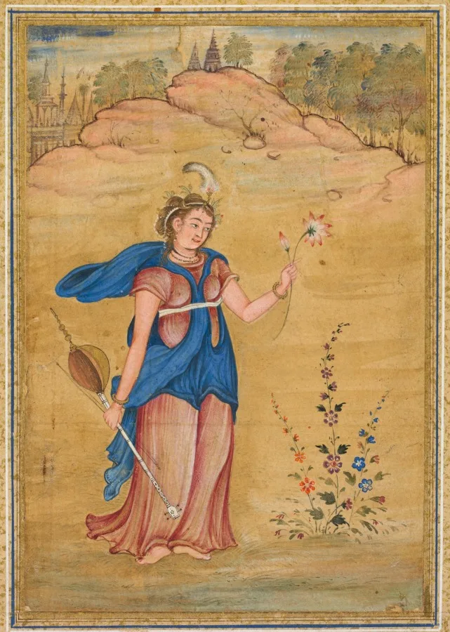 A female figure standing in a landscape holding a four-stringed “khuuchir” and a lotus — تصویر رکورد موزهٔ هنر کلیولند (دسترسی آزاد)