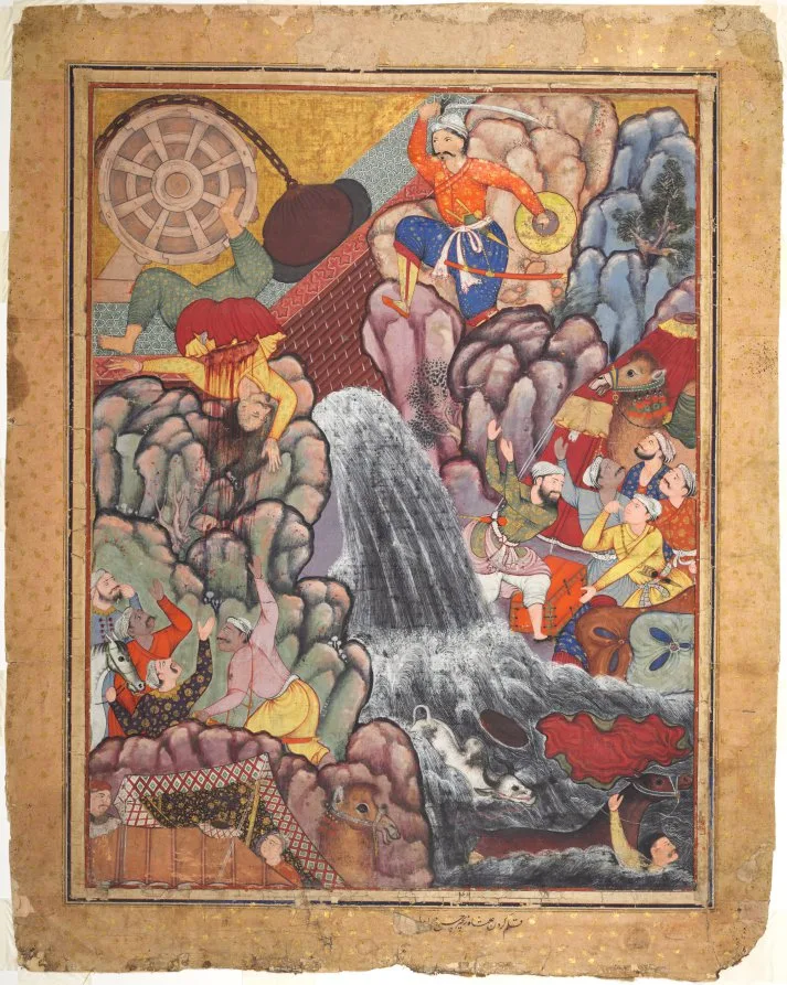 Alamshah cleaving asunder the chain of the wheel, from volume 11 of a Hamza-nama (Adventures of Hamza) — تصویر رکورد موزهٔ هنر کلیولند (دسترسی آزاد)