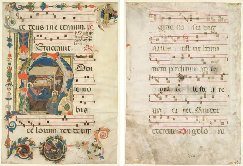 Leaf from an Antiphonary with Historiated Initial (H) with The Nativity (recto) and Music (verso) — تصویر رکورد موزهٔ هنر کلیولند (دسترسی آزاد)