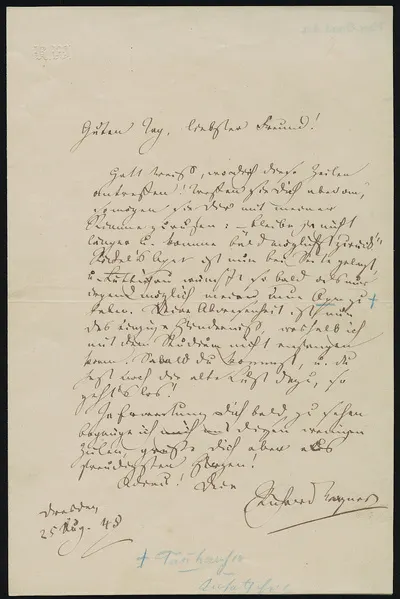 Brief von Richard Wagner an Joseph Tichatschek vom 25. Aug. 1845. Autograph auf Briefbogen mit Initialen in Blindprägung und Goldschnitt, einseitig beschrieben; 21 x 13,5 cm, gefaltet. Dresden: SLUB M — تصویر رکورد یوروپیانا