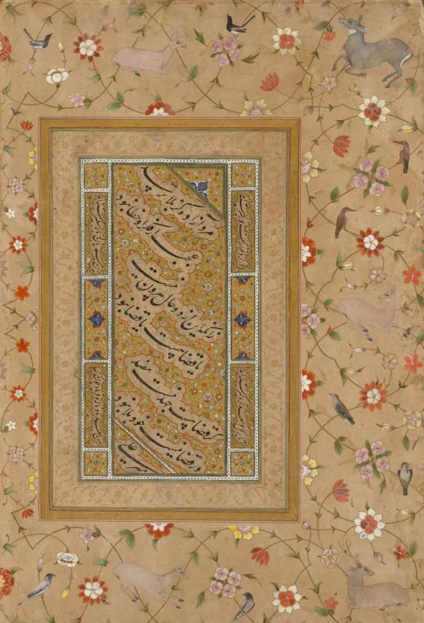 قطعه خوشنویسی فارسی در حاشیه تزیینی از گل‌ها، پرندگان و آهوان، از مرقع اواخر دوره شاه‌جهان — نمای تکمیلی ثبت‌شده در رکورد موزه