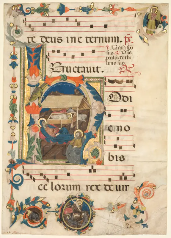 Leaf from an Antiphonary with Historiated Initial (H) with The Nativity (recto) — تصویر رکورد موزهٔ هنر کلیولند (دسترسی آزاد)