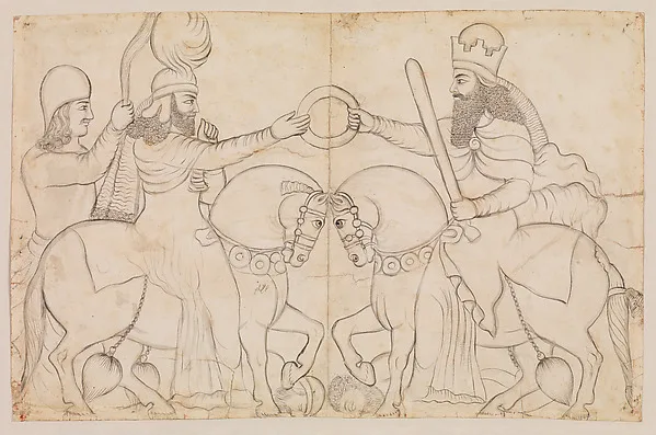 Drawing of Sasanian rock relief: Ardashir I (r. A.D. 224-241) and the Zoroastrian divinity Ohrmazd [Ahura Mazda] at Naqsh-i Rustam, southern Iran — تصویر رکورد موزهٔ متروپولیتن (دسترسی آزاد)