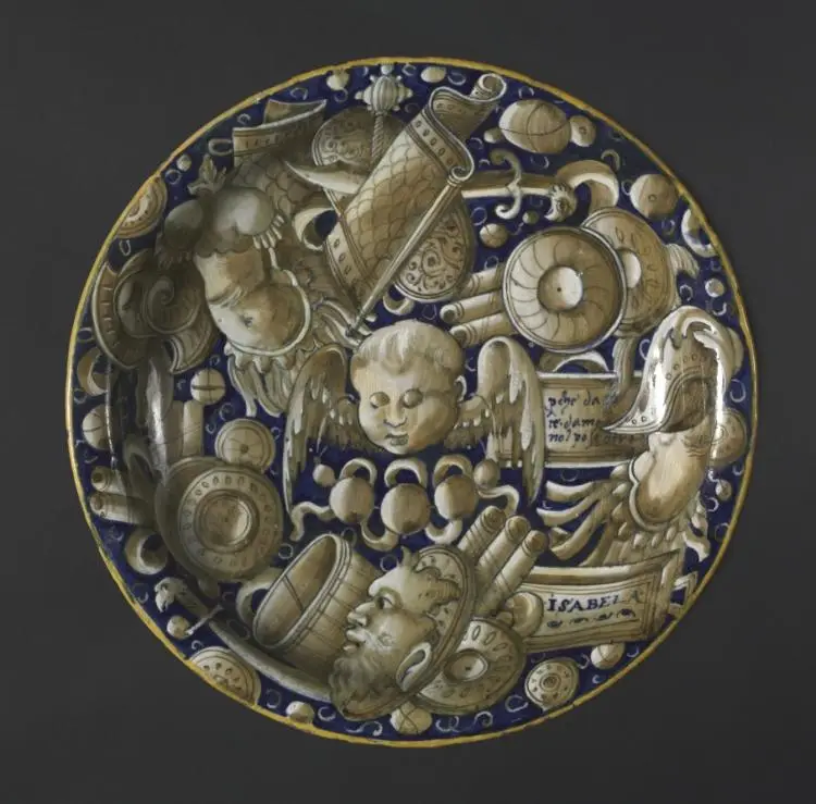 Plate with Putto, Masques, and Trophies — تصویر رکورد موزهٔ هنر کلیولند (دسترسی آزاد)