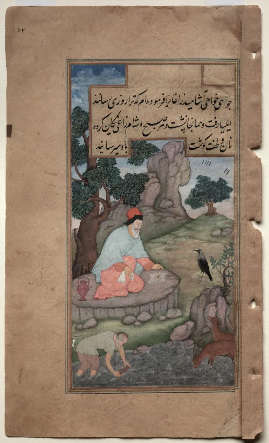کلاغی برای الیاس خوراک می‌آورد (برگ ۷۲ رو)، از کتاب مرآت‌القدس پدرو ژروم خاویر — نمای تکمیلی ثبت‌شده در رکورد موزه