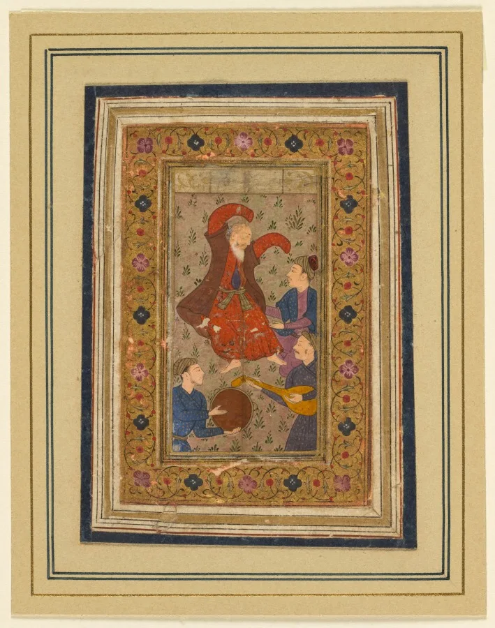 A dancing dervish and three musicians, from a Divan (Collected Poems) of Urfi (Persian, 1555–1591) — تصویر رکورد موزهٔ هنر کلیولند (دسترسی آزاد)