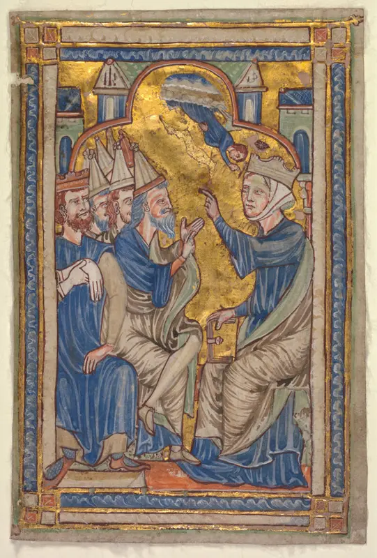 Miniature from a Compendium of Saints' Lives: Saint Catherine of Alexandria Disputing with the Fifty Philosophers — تصویر رکورد موزهٔ هنر کلیولند (دسترسی آزاد)