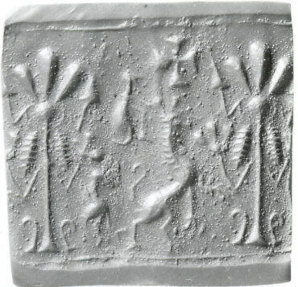 Cylinder seal and modern impression: creature flanking stylized tree — تصویر رکورد موزهٔ متروپولیتن (دسترسی آزاد)