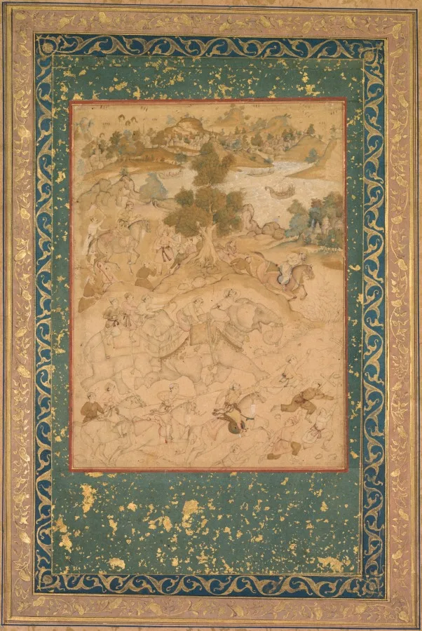 Akbar supervising the capture of wild elephants at Malwa in 1564, painting 90 from an Akbar-nama (Book of Akbar) of Abu’l Fazl (Indian 1551–1602) — تصویر رکورد موزهٔ هنر کلیولند (دسترسی آزاد)